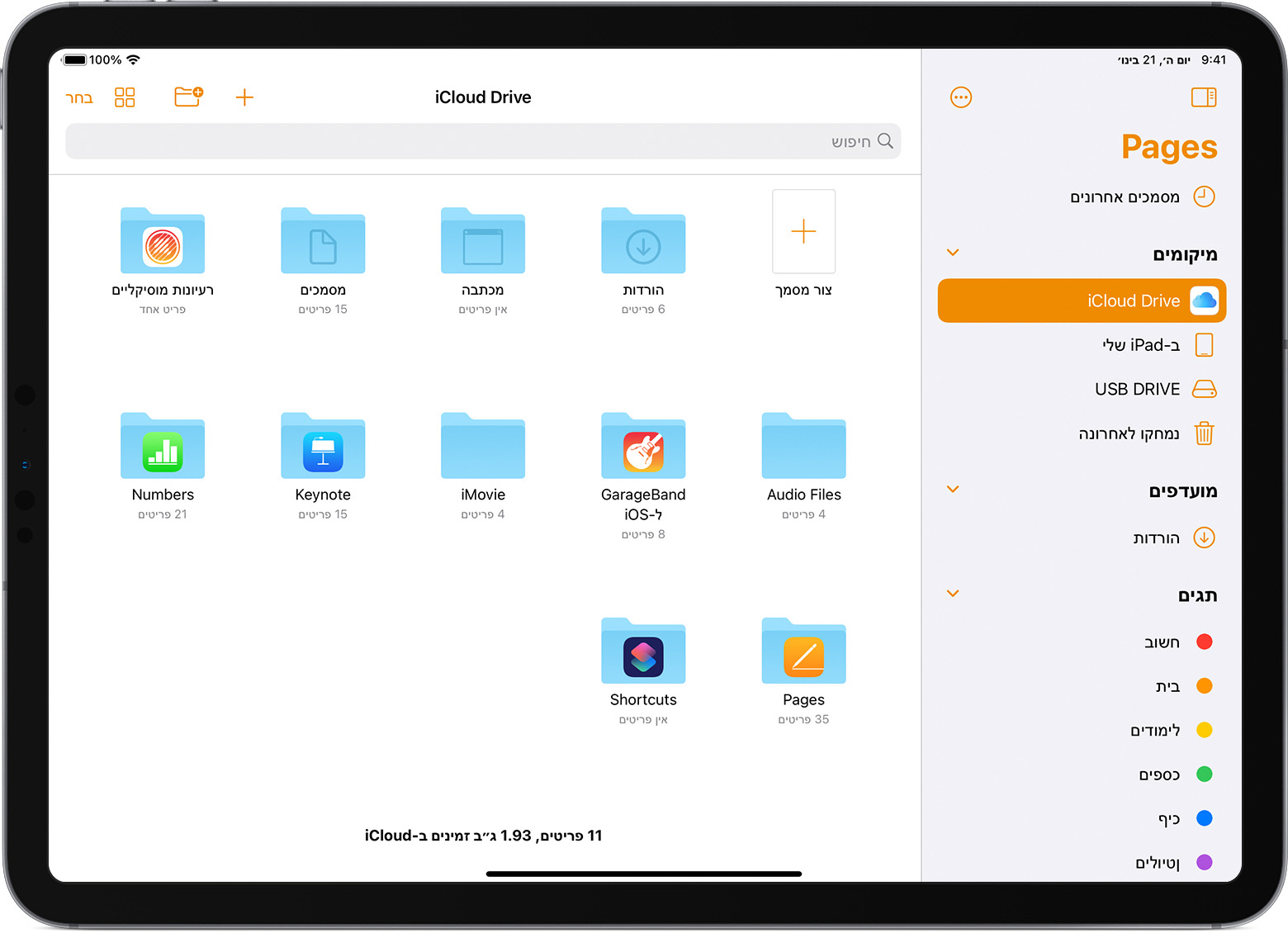 iPad Pro שבו דפדפן הקבצים של Pages פתוח