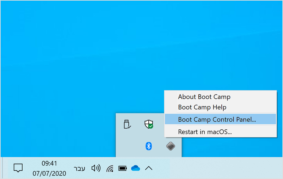 תפריט Boot Camp כשהאפשרות Boot Camp Control Panel (לוח הבקרה של Boot Camp) מסומנת