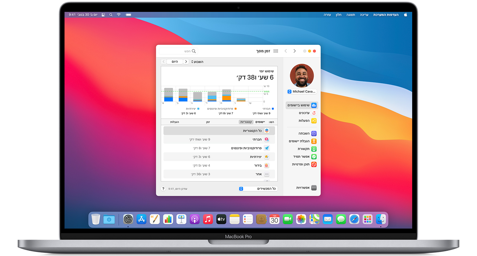 MacBook Pro עם החלון 'זמן מסך' ב'העדפות המערכת' פתוח