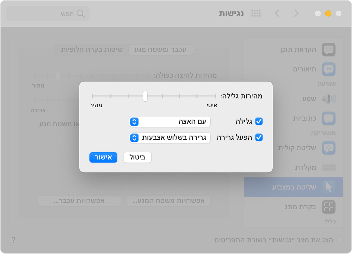 חלון העדפות נגישות שבו מופיעות אפשרויות השליטה במצביע, עם בחירה באפשרות 'גרירה בשלוש אצבעות'