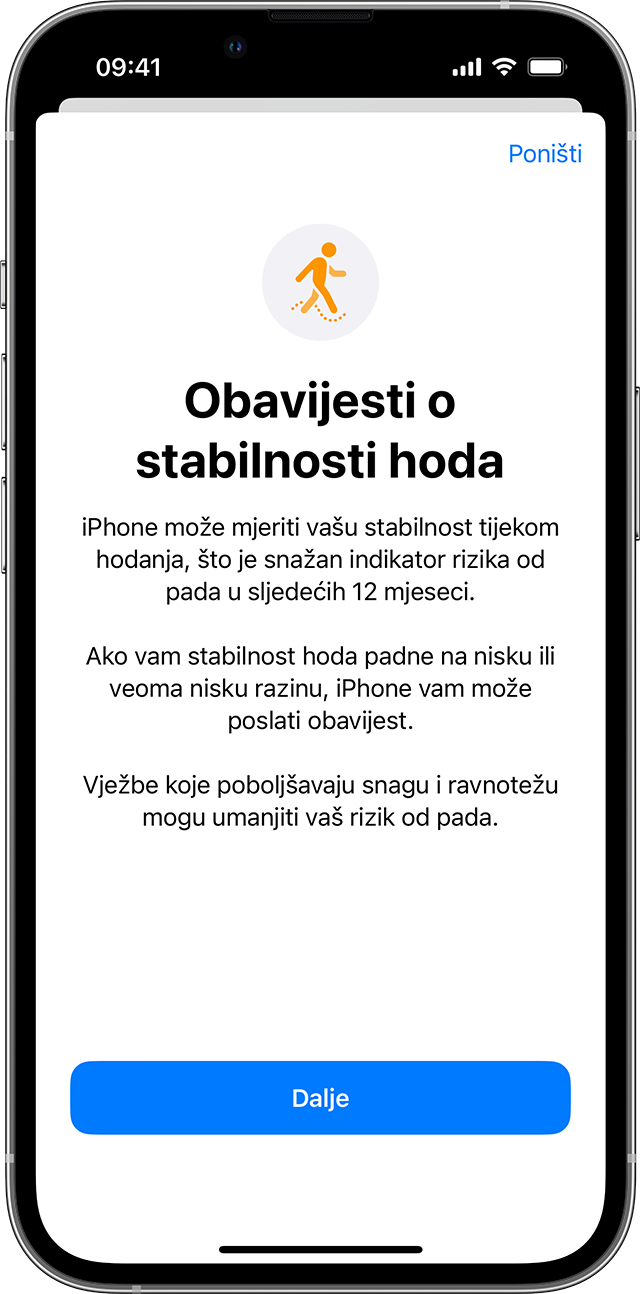 Zaslon iPhone uređaja s prikazom stranice za postavljanje značajke Stabilnost hoda