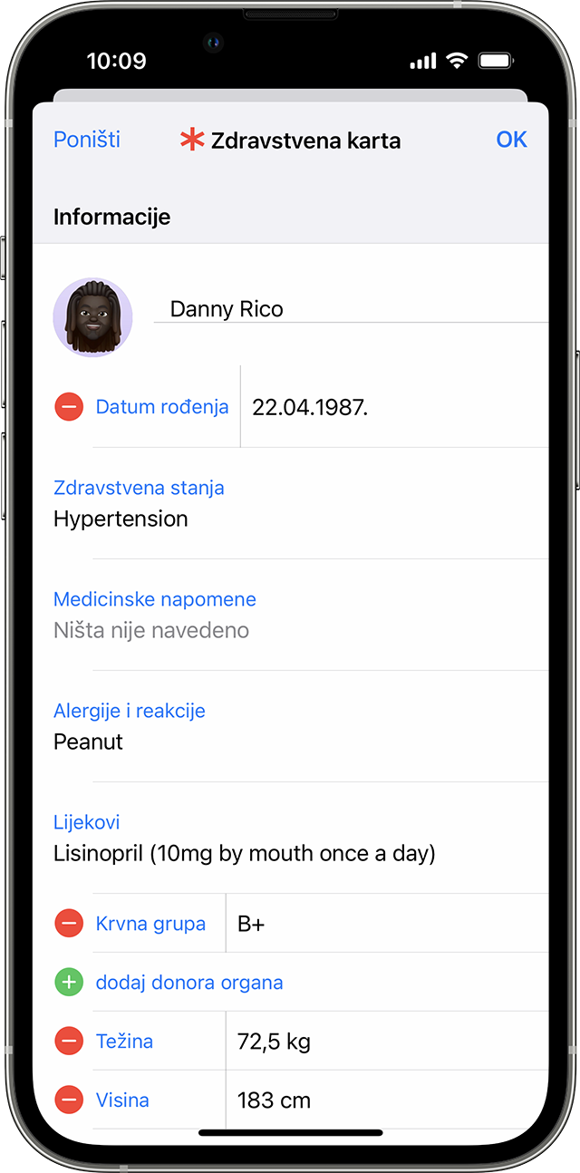 Zaslon uređaja iPhone s prikazanim podacima o zdravstvenoj karti