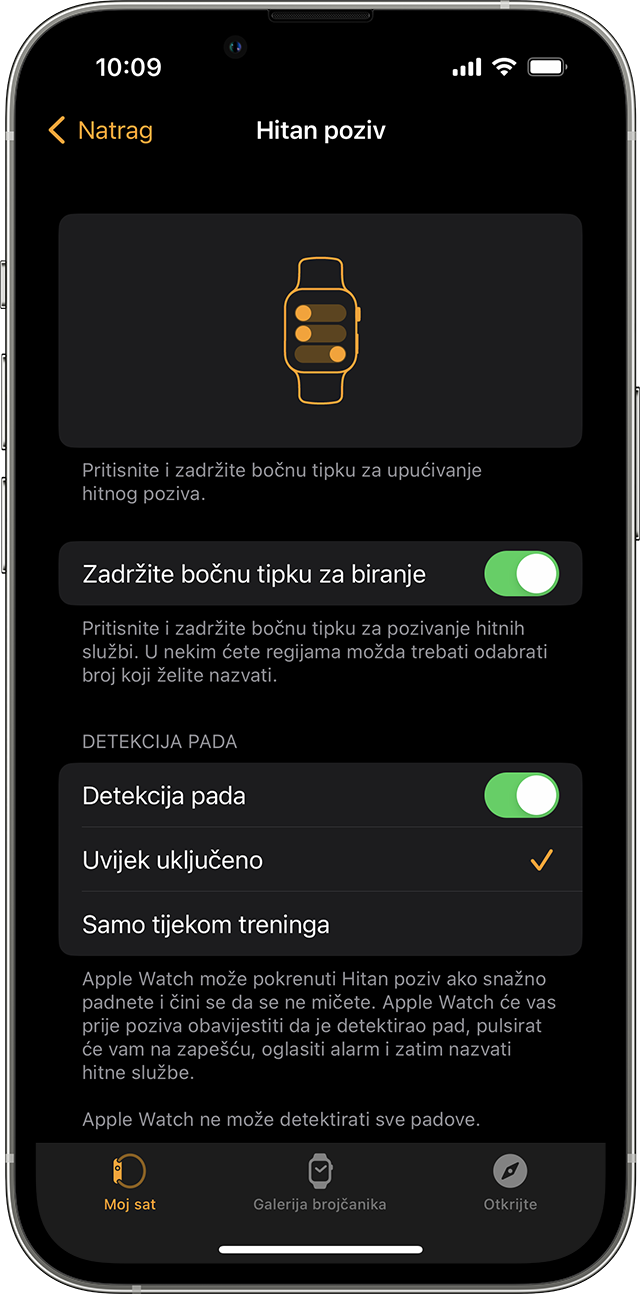 Zaslon iPhone uređaja s prikazanom opcijom za uključivanje detekcije pada