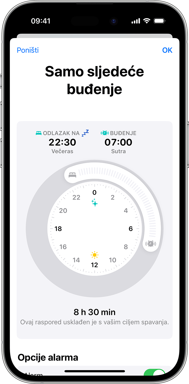 Zaslon iPhone uređaja s opcijama za uređivanje opcije Samo sljedeće buđenje