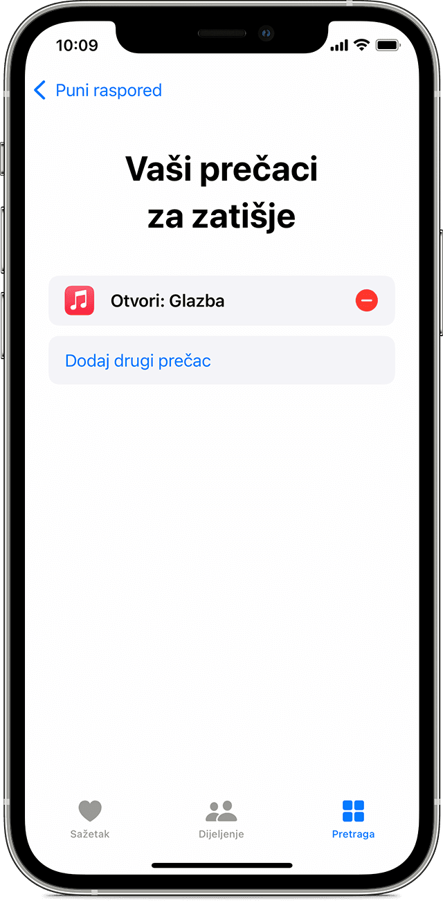 Zaslon iPhone uređaja s prikazom prečaca za Zatišje