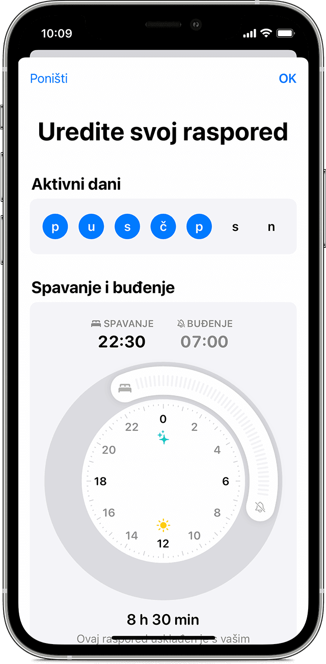 Zaslon iPhone uređaja s opcijama za uređivanje cjelovitog rasporeda spavanja
