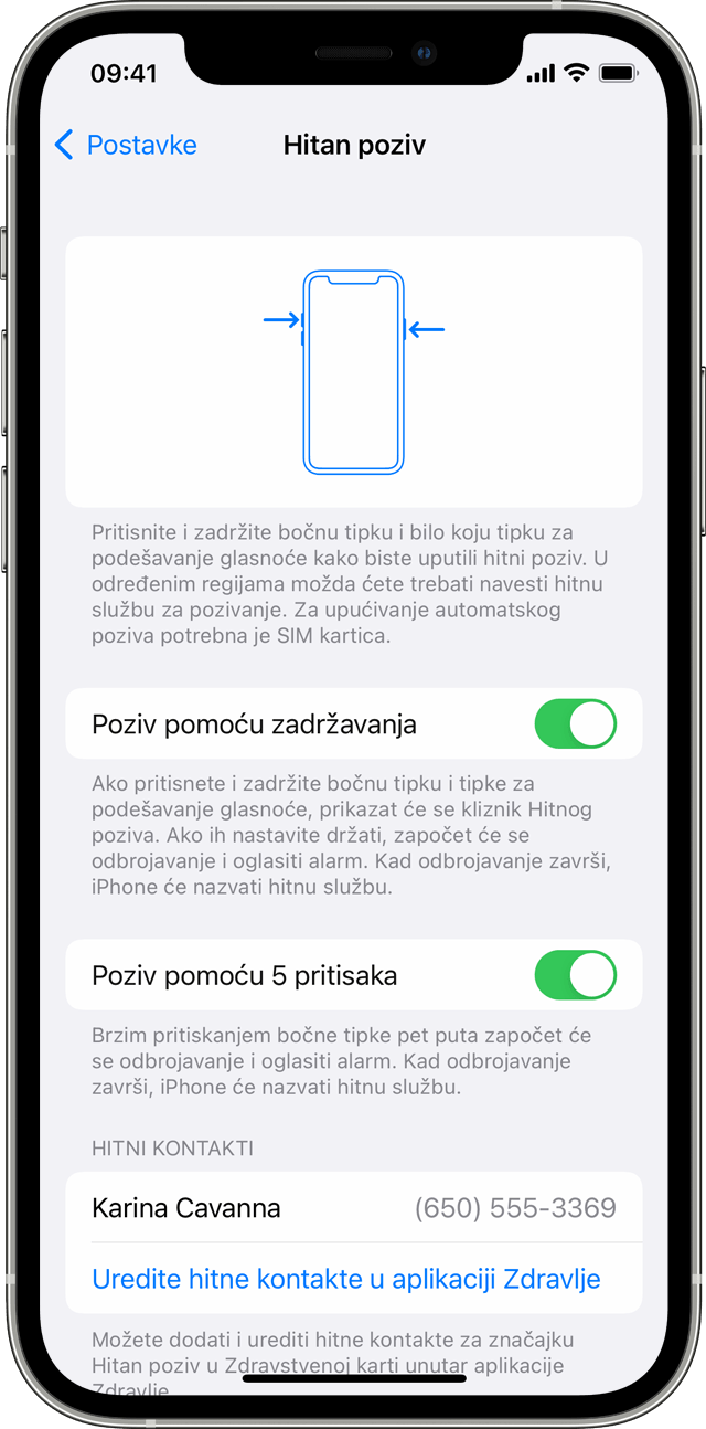 iPhone s prikazanim zaslonom Hitan poziv, na kojem možete telefonu omogućiti automatsko upućivanje poziva u hitnim slučajevima.
