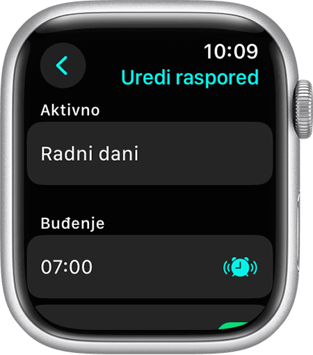 Zaslon Apple Watch uređaja s prikazom opcija za uređivanje cijelog rasporeda spavanja