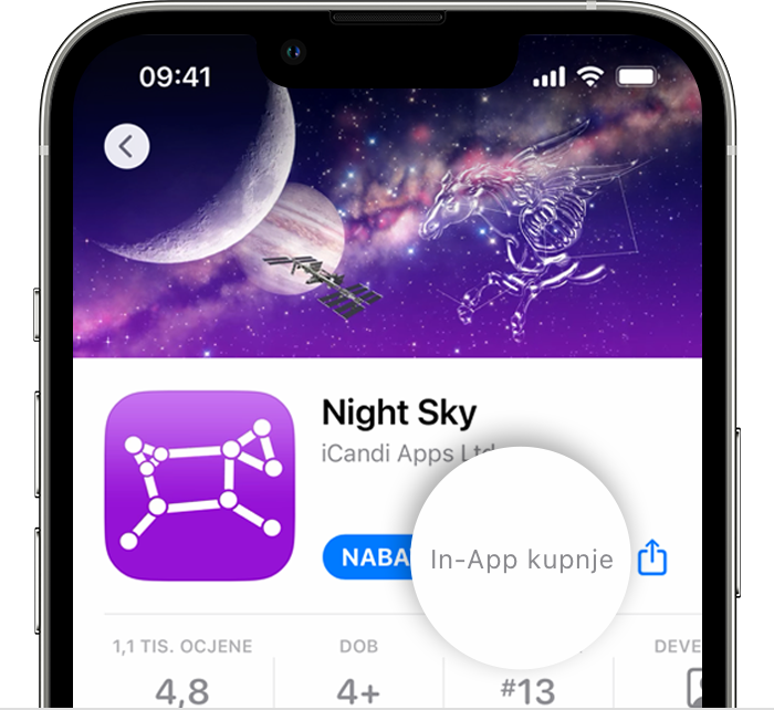 Na iPhone uređaju prikazuje se aplikacija u trgovini App Store na kojoj se pored gumba Nabavi prikazuje poruka In-App kupnje.