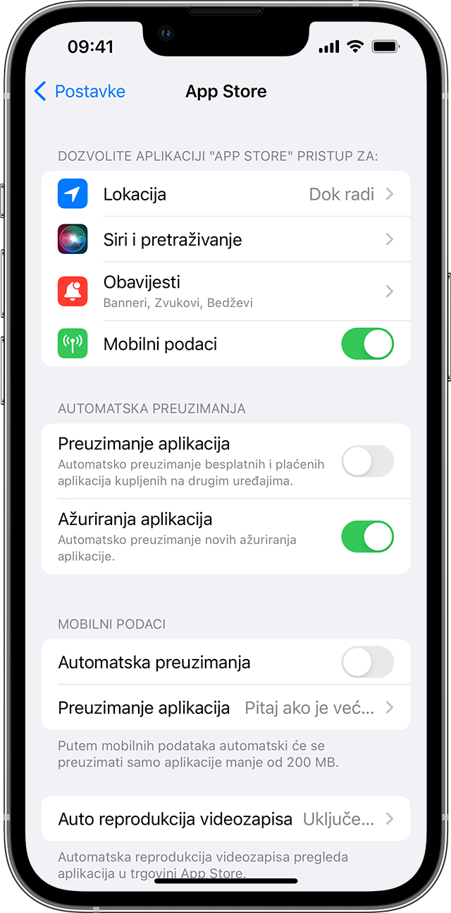 iPhone prikazuje opcije trgovine App Store u Postavkama, uključujući ažuriranja aplikacija.