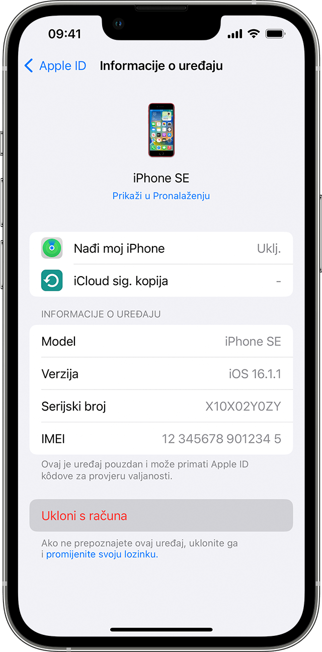 Uklanjanje uređaja s popisa svojih uređaja na iPhone uređaju