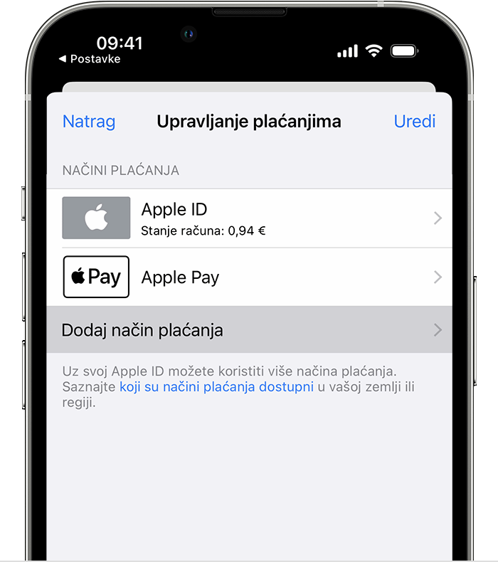 Na iPhone uređaju gumb Dodaj način plaćanja prikazuje se ispod popisa dostupnih načina plaćanja.