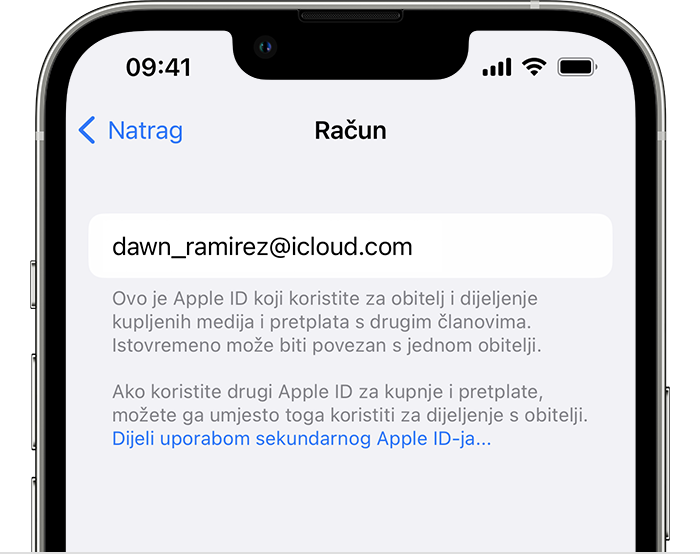 Dijeljenje pomoću sekundarnog Apple ID-ja označeno je tekstom u plavoj boji.