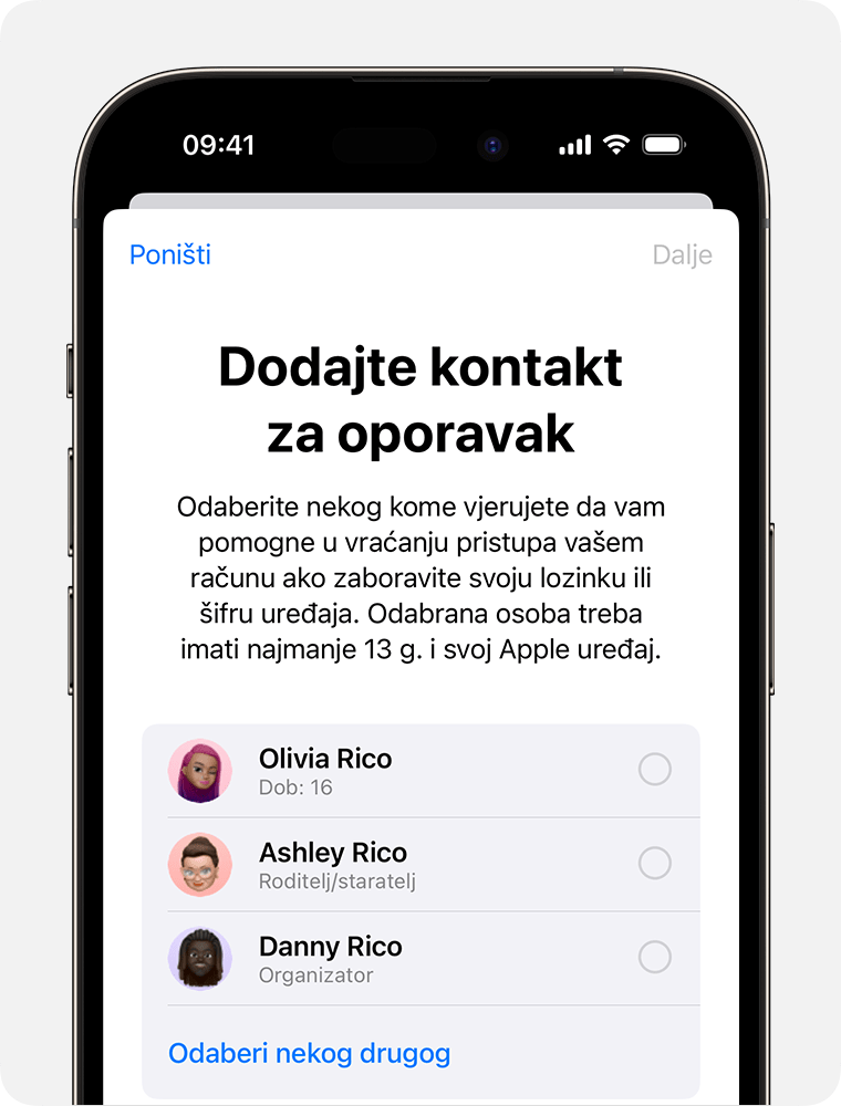 Zaslon iPhone uređaja na kojem se prikazuju kontakti koje možete dodati kao Kontakt za oporavak