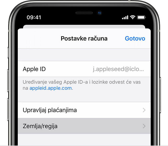 iPhone na kojem je prikazana stranica Postavke računa.