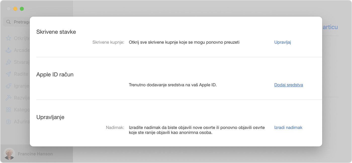 Mac s prikazom opcije Dodaj novac na račun u trgovini App Store.