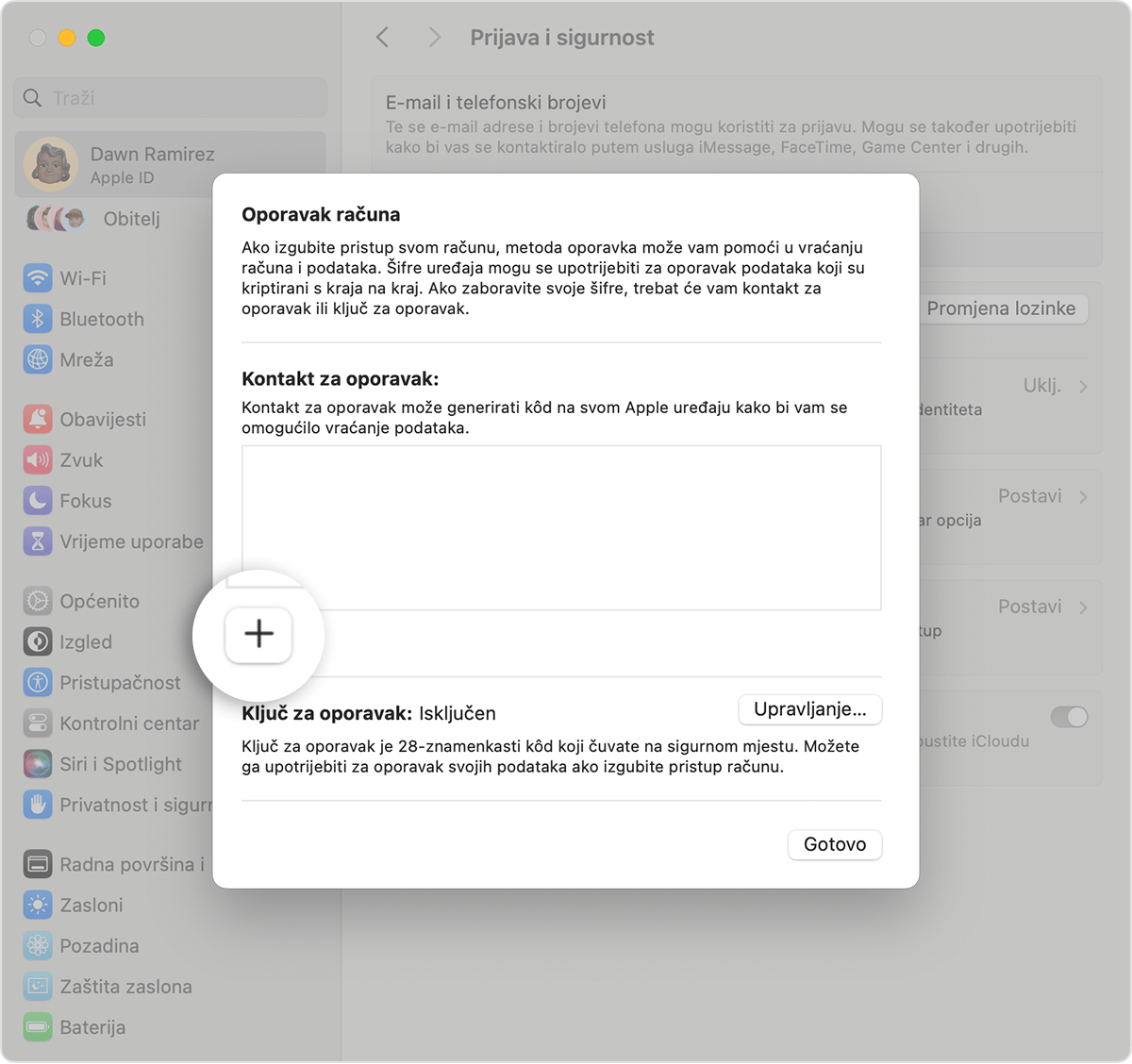 Zaslon Mac računala na kojem se prikazuje kako dodati Kontakt za oporavak