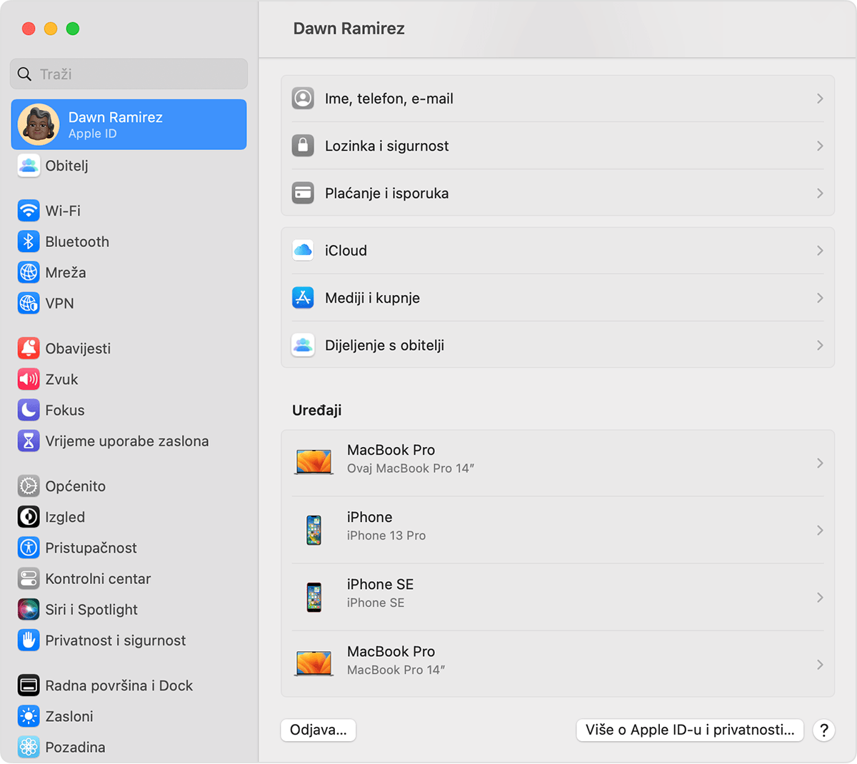 Na Mac računalu u Postavkama sustava pronađite uređaje na koje ste prijavljeni s pomoću Apple ID-ja