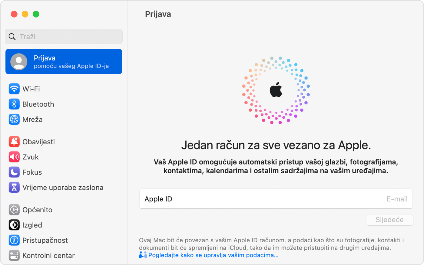 Na Mac uređaju prijavite se na Apple ID u Postavkama sustava