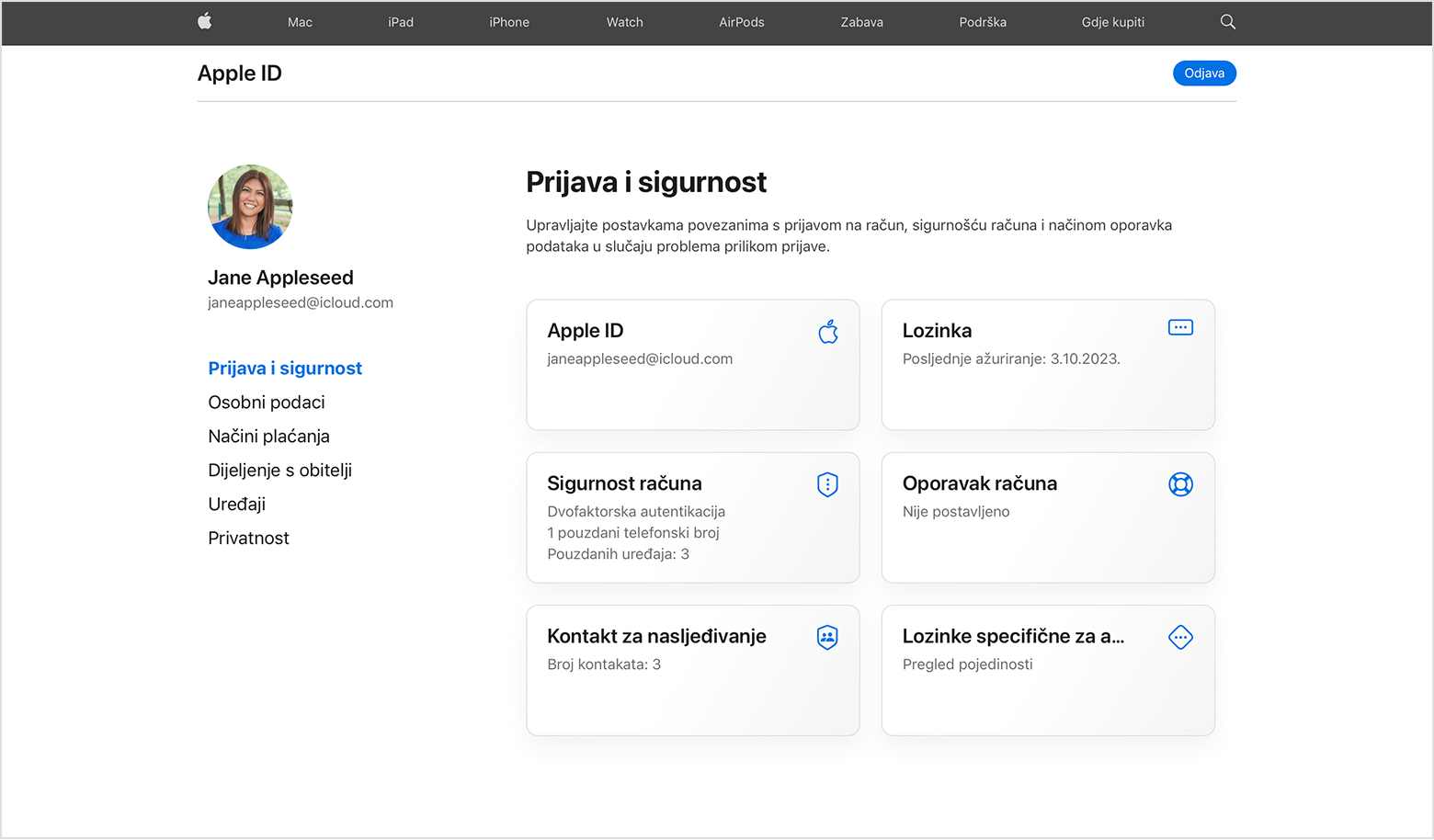 Zaslon koji prikazuje kako promijeniti lozinku za Apple ID na webu