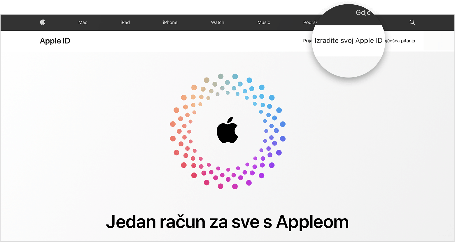 Snimka stranice appleid.apple.com, na kojoj se u sredini zaslona nalazi Appleov logotip okružen koncentričnim krugovima u boji.