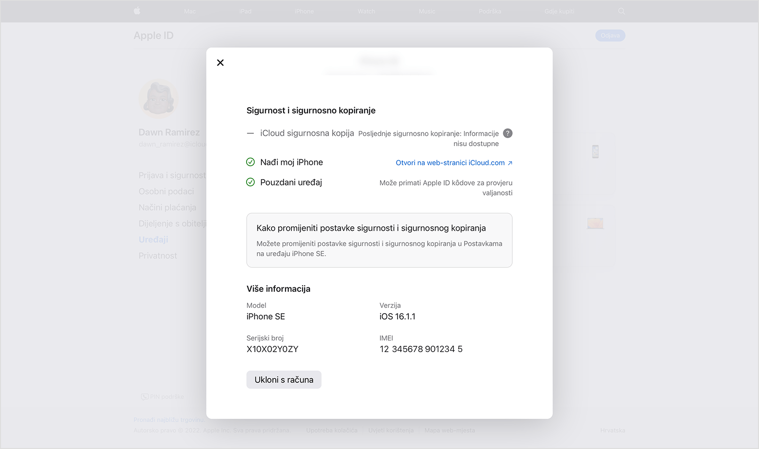 Uklanjanje uređaja s popisa svojih Apple ID uređaja na internetu