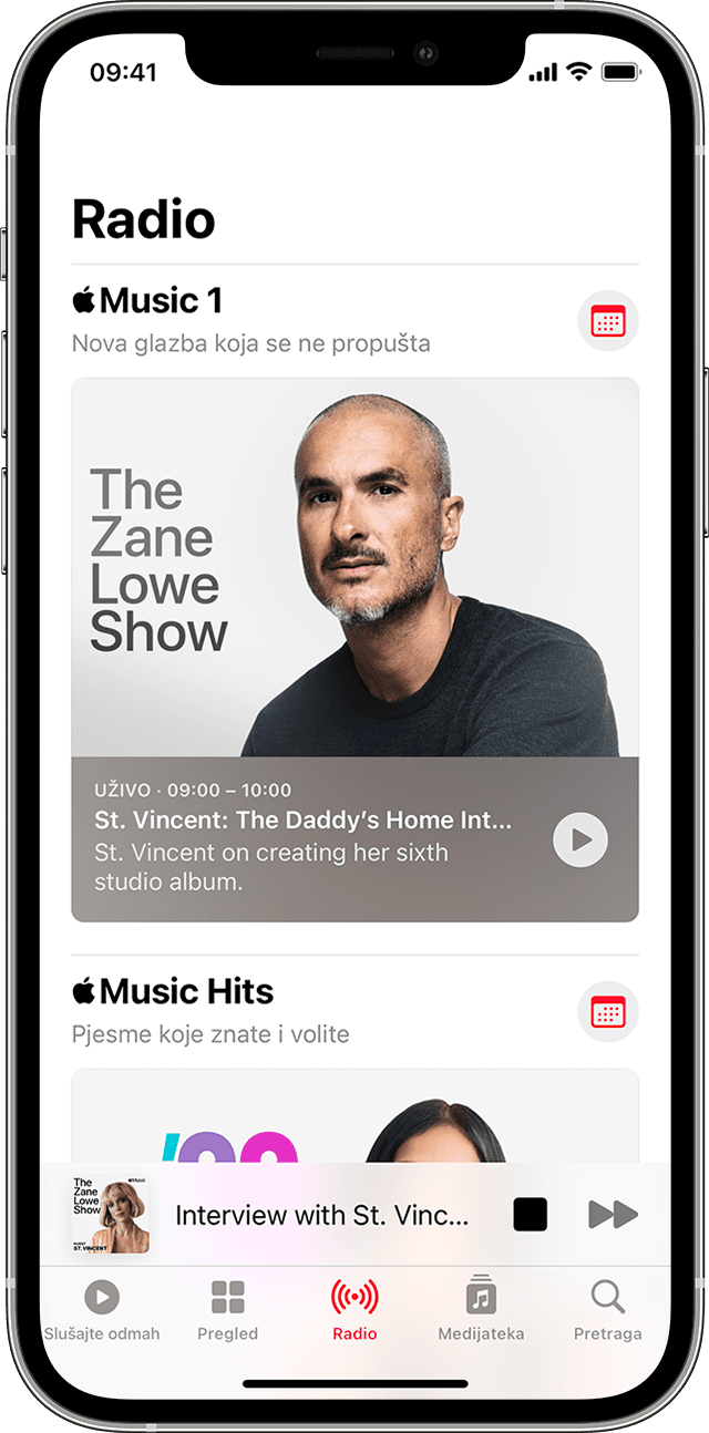 Apple Music s prikazom odabrane kartice Radio