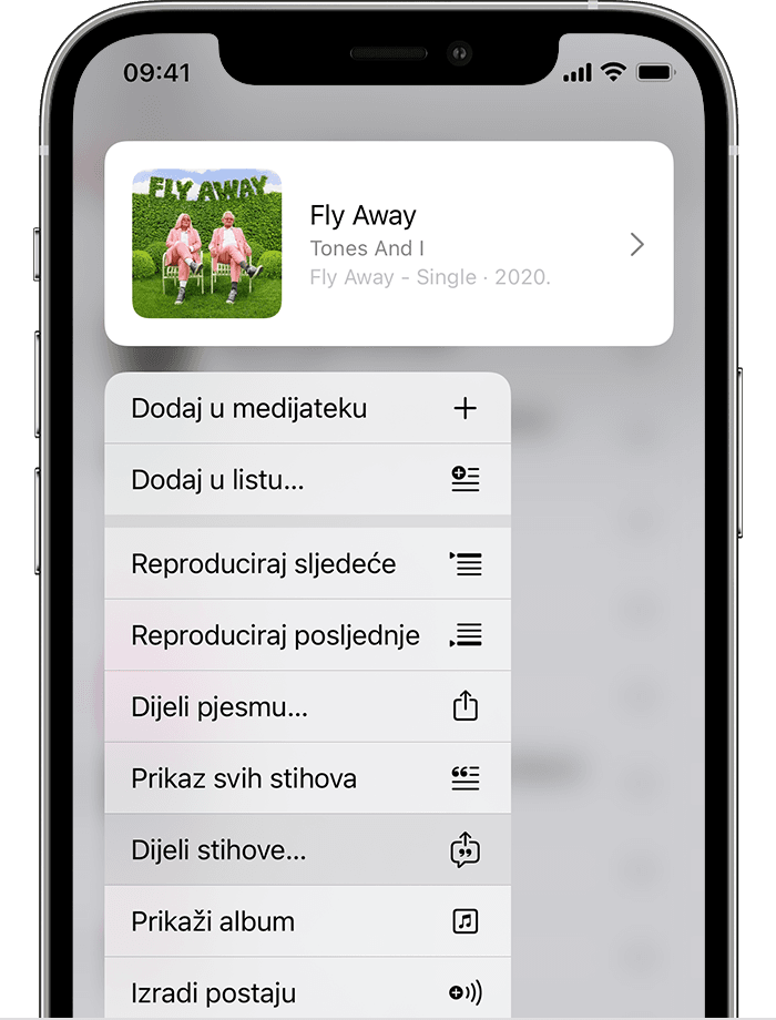iPhone s prikazom opcije za dijeljenje stihova