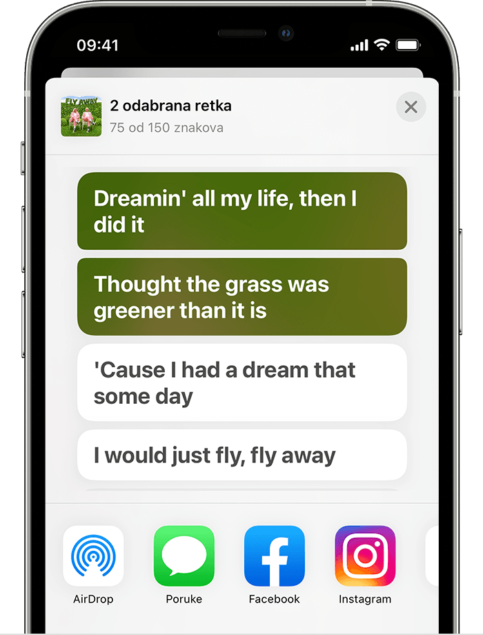 iPhone s prikazom lista za dijeljenje s dva stiha odabrane pjesme. 