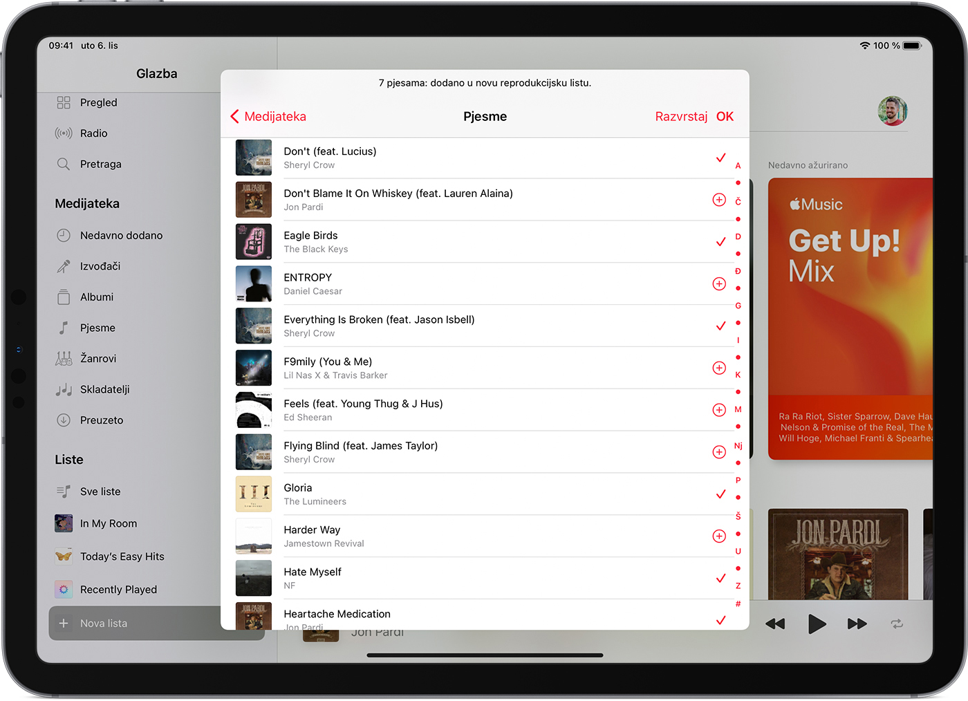 iPad prikazuje 7 pjesama dodanih na novi popis za reprodukciju