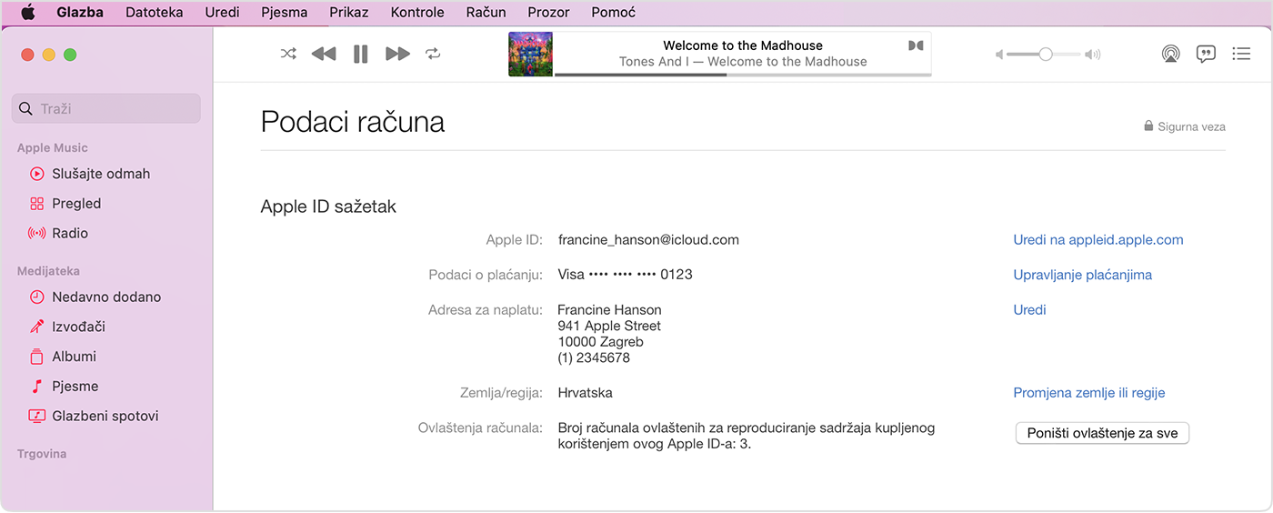 Aplikacija Apple Music koja prikazuje stranicu s informacijama o računu