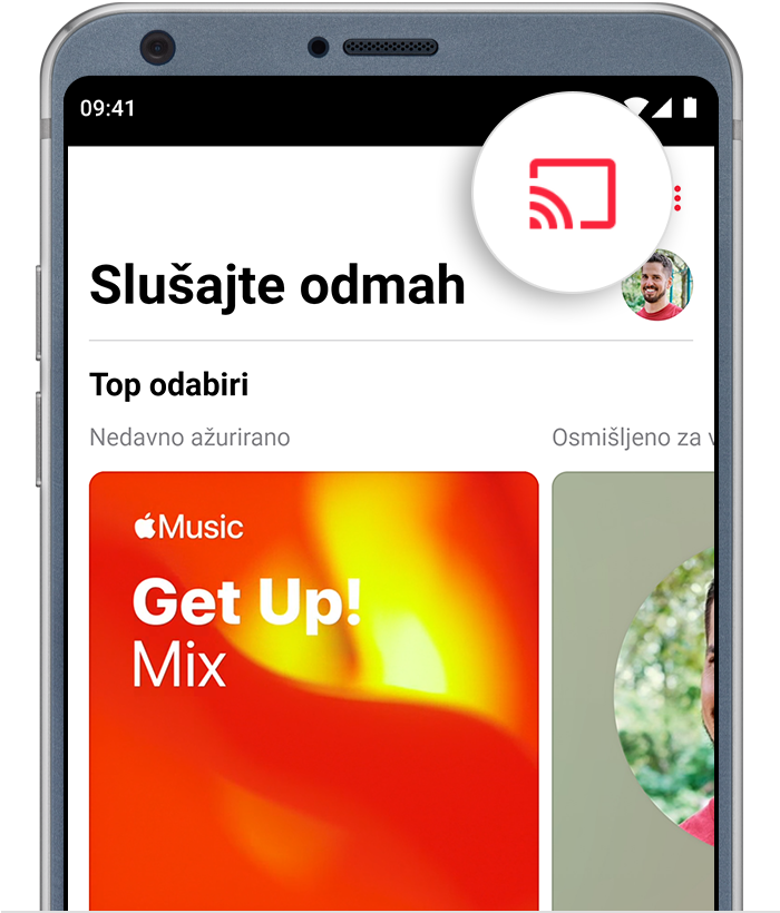 Android telefon s prikazom gumba Cast na vrhu aplikacije Apple Music