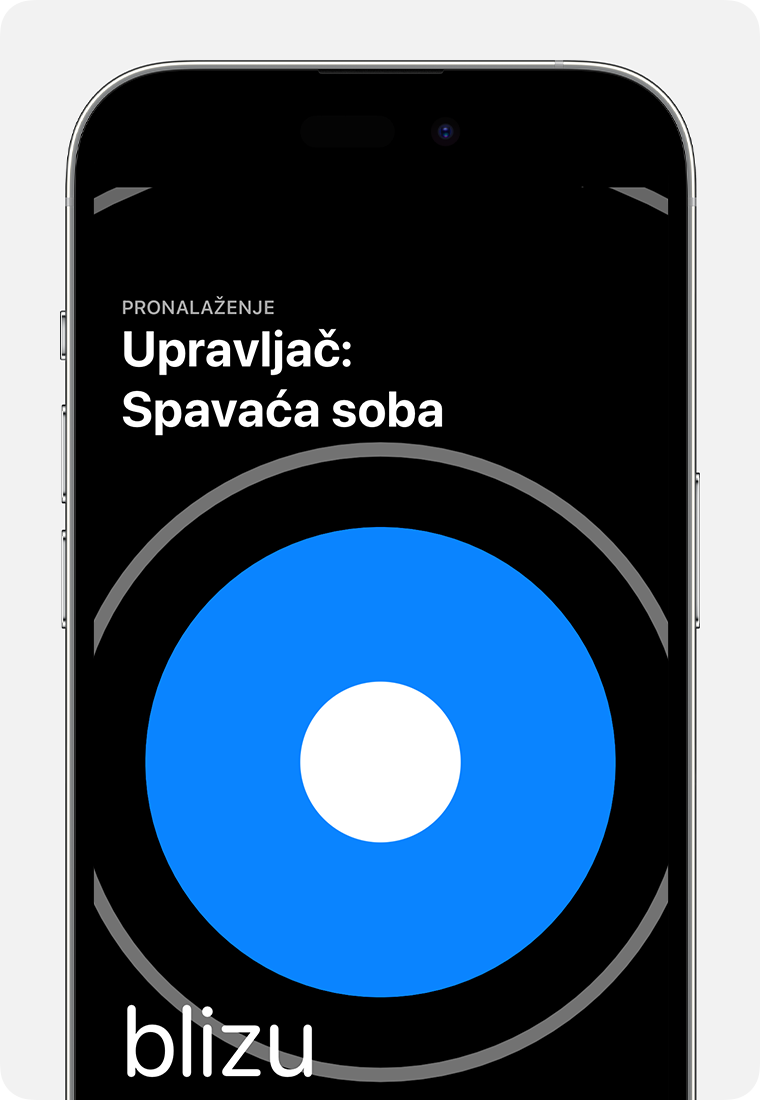 Na zaslonu iPhone uređaja pojavljuje se veliki plavi krug s riječju blizu