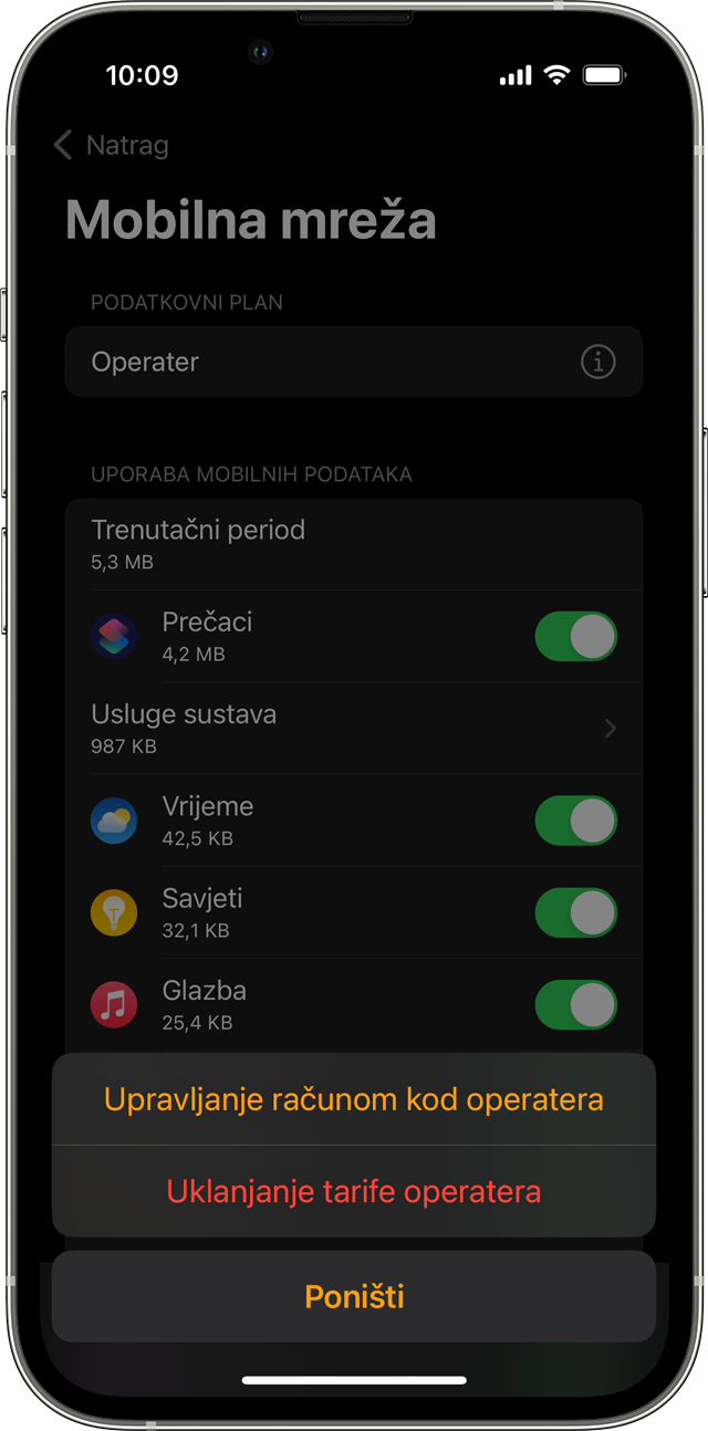 iPhone s prikazom zaslona Mobilni podaci u aplikaciji Watch