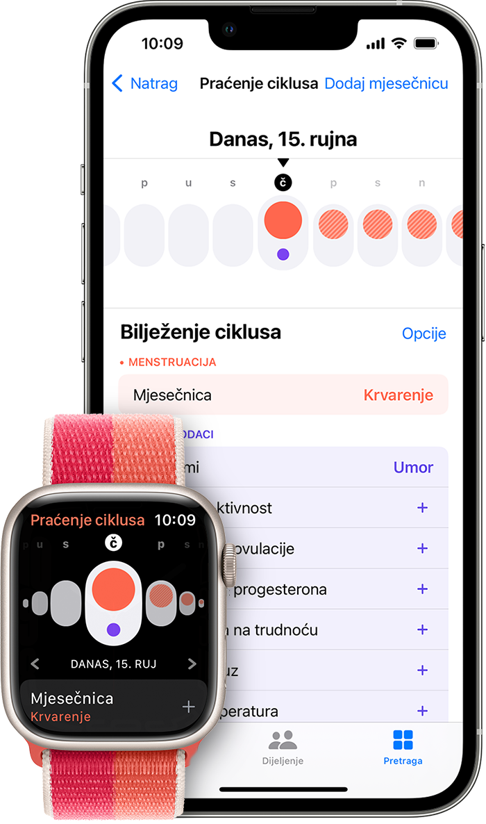 Aplikacija Praćenje ciklusa na Apple Watch uređaju i aplikacija Zdravlje na iPhone uređaju