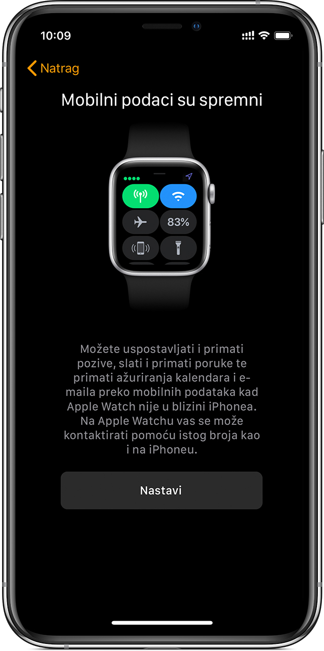 Zaslon za postavljanje mobilne mreže na iPhone uređaju, na kojem je prikazano da je mobilna mreža spremna za upotrebu na Apple Watch uređaju.