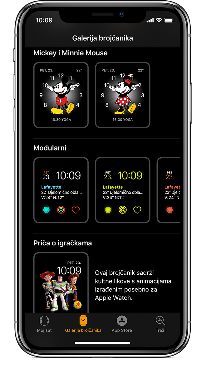 Galerija brojčanika prikazuje opcije za Mickeyja Mousea i Minnie Mouse.