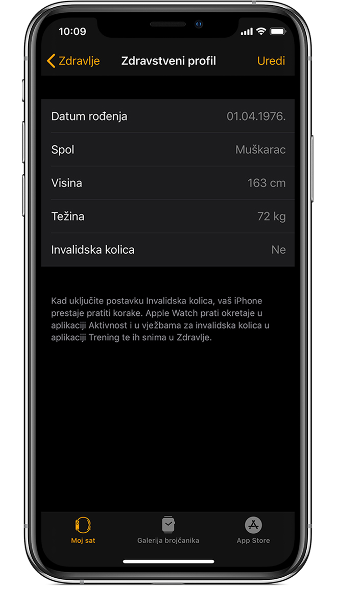 Profil Zdravlje na iPhone uređaju koji pokazuje Datum rođenja, Visinu i više.
