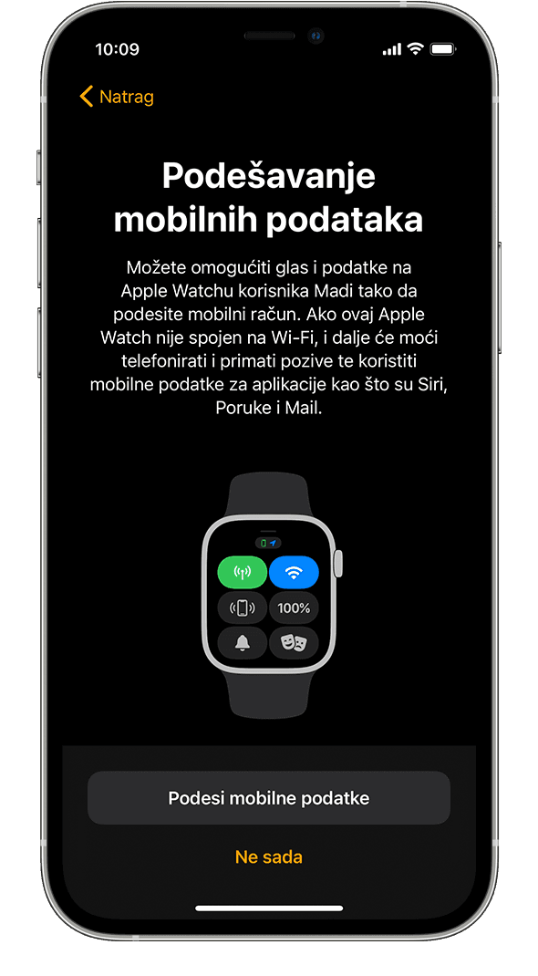 Zaslon Podešavanje mobilnih podataka tijekom postavljanja Apple Watch uređaja na iPhone uređaju.