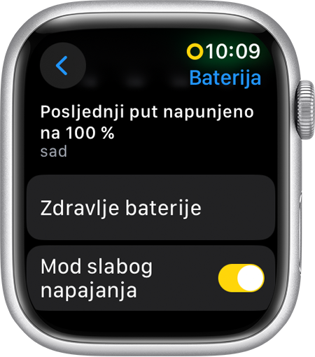 Apple Watch s prikazom moda slabog napajanja u Postavkama