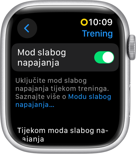 Apple Watch s prikazom moda slabog napajanja u postavkama Treninga