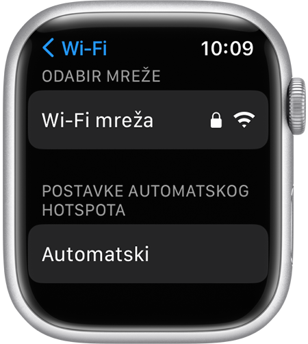 Zaslon postavki za Wi-Fi na Apple Watch uređaju s prikazanom opcijom Postavke automatskog hotspota