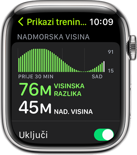 Apple Watch koji prikazuje mjerni podatak Nadmorska visina tijekom trčanja.