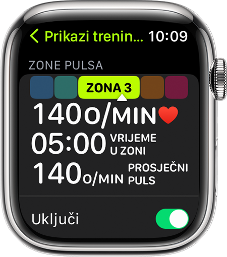 Apple Watch koji prikazuje mjerne podatke Zone pulsa tijekom trčanja