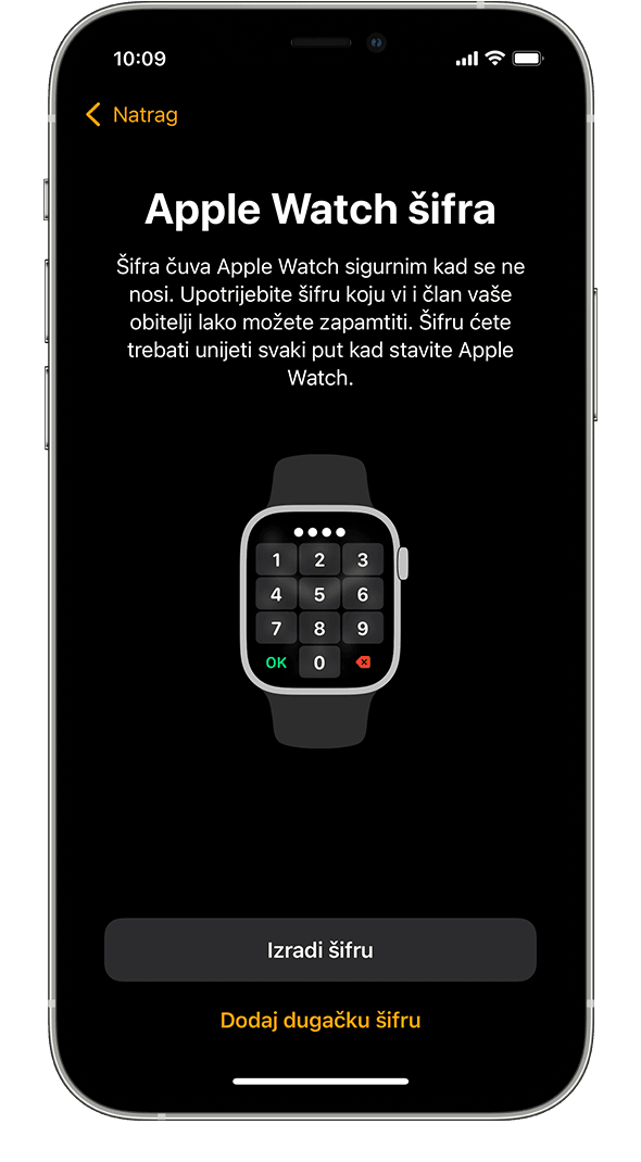 Zaslon za postavljanje šifre za Apple Watch na iPhone uređaju.