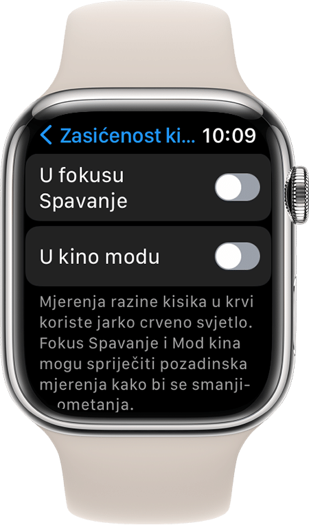 Snimka zaslona s postavkama aplikacije Zasićenost kisikom na Apple Watch Series 7 uređaju.