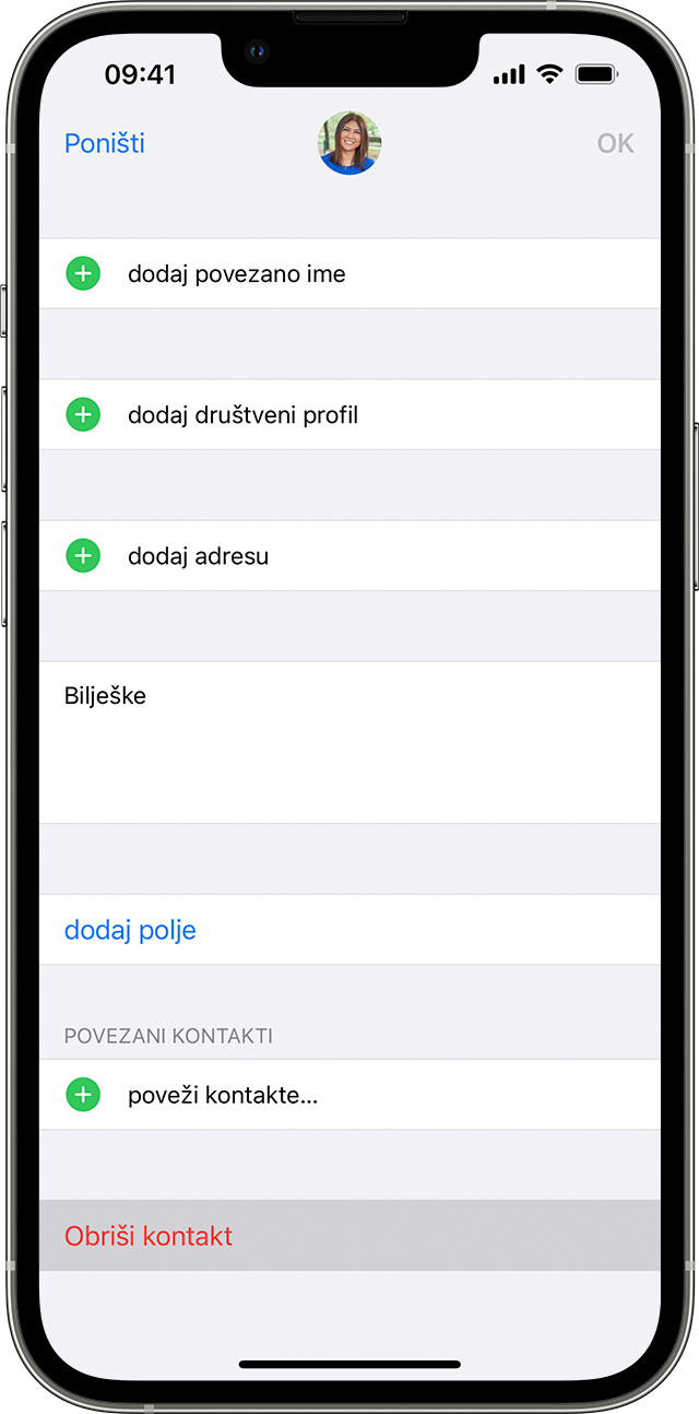 Zaslon iPhone uređaja pokazuje opciju brisanja kontakta