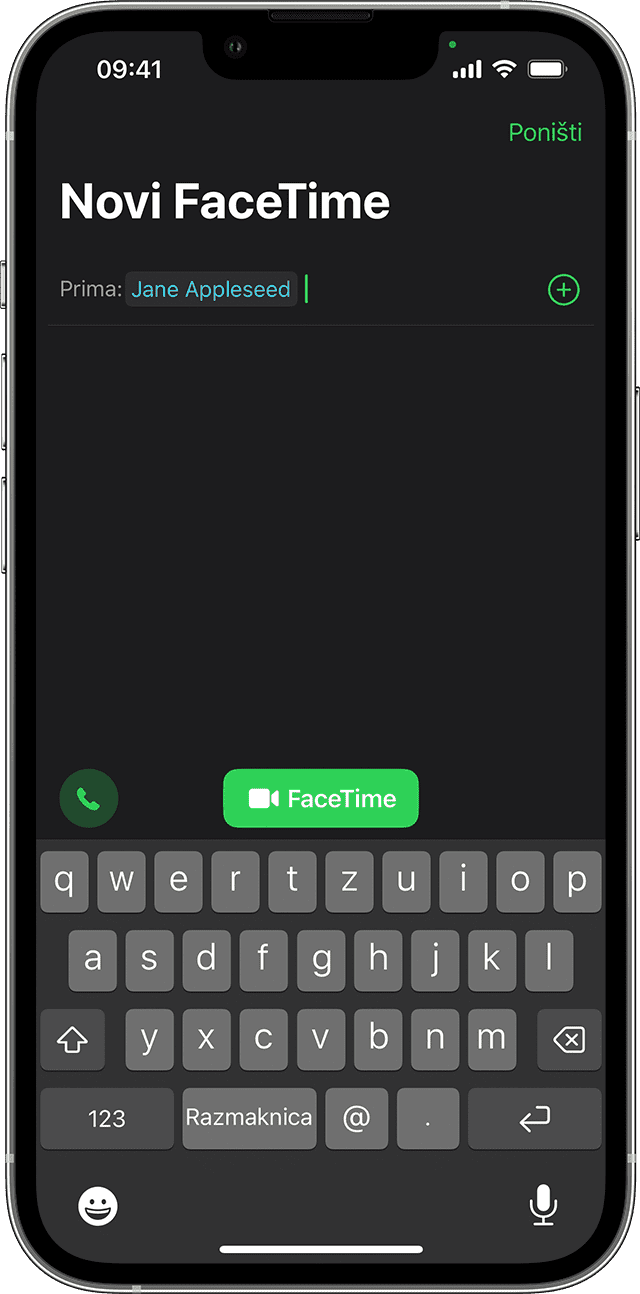 Uređaj iPhone s prikazom aplikacije Telefon tijekom poziva s Jane Appleseed. Gumb FaceTime nalazi se u drugom retku ikona na sredini zaslona.