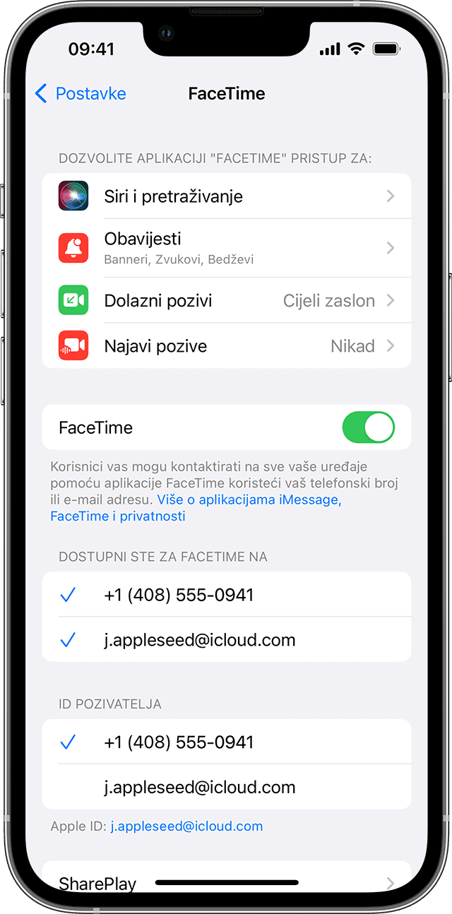 Uređaj iPhone na kojem se prikazuje zaslon s FaceTime postavkama s uključenom aplikacijom FaceTime.