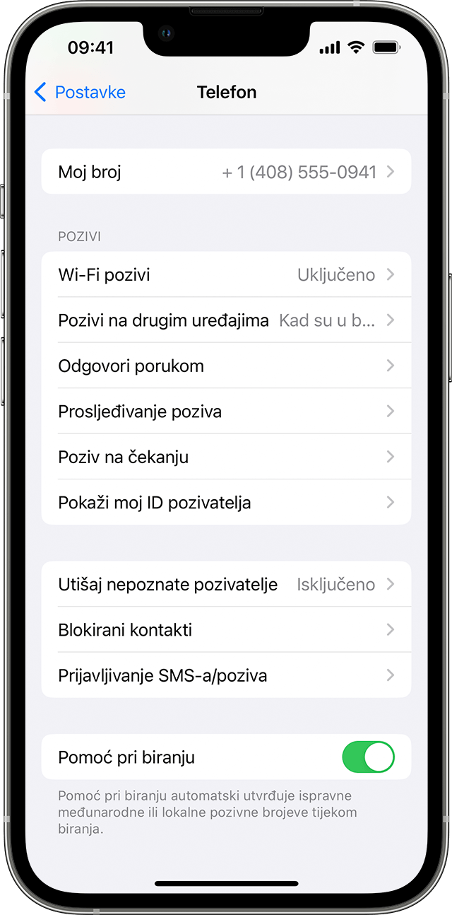 iPhone uređaj s prikazom zaslona Telefon s uključenom značajkom Wi-Fi pozivi.